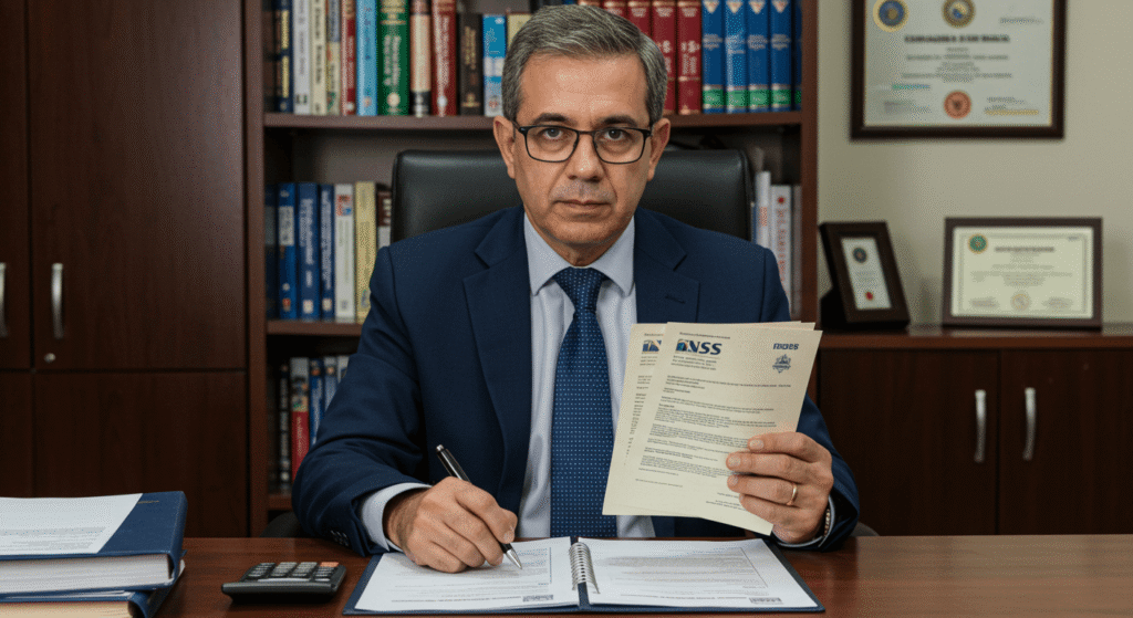 Advogado previdenciário experiente analisando documentos do INSS em escritório profissional, oferecendo consultoria especializada em benefícios previdenciários e aposentadoria