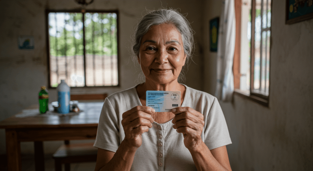 Mulher idosa brasileira de 65 anos segurando cartão do BPC LOAS, benefício assistencial que garante um salário mínimo mensal para idosos e pessoas com deficiência em situação de vulnerabilidade