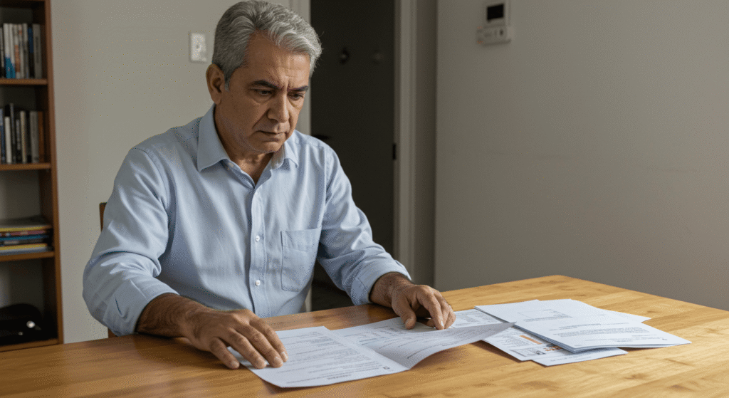 Homem de meia idade sentado à mesa organizando documentos médicos e formulários do INSS para solicitação de auxílio-doença, demonstrando preocupação com benefício por incapacidade temporária