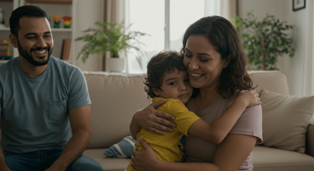 Família brasileira com criança autista abraçados em casa demonstrando amor e união - benefício para autista INSS