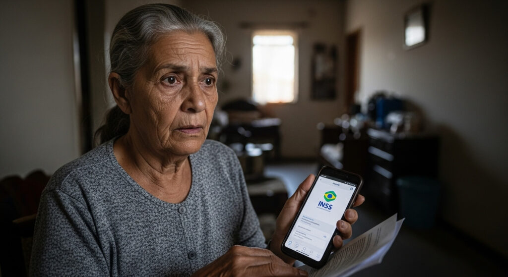 Idosa brasileira descobrindo BPC bloqueado no aplicativo Meu INSS, expressão de preocupação ao verificar benefício suspenso no smartphone