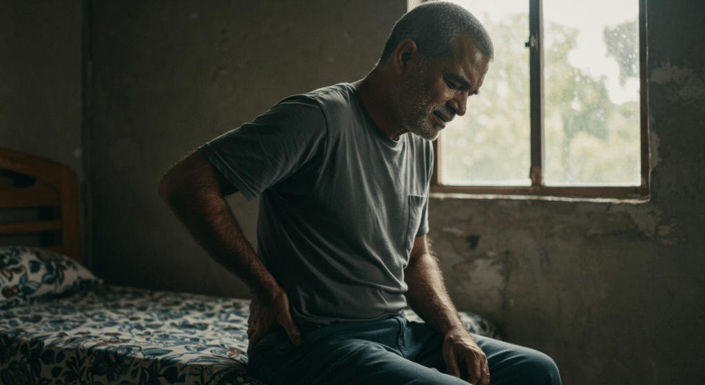 Homem de meia-idade com expressão de dor lombar intensa (CID M545) ao tentar se levantar da cama, ilustrando a incapacidade que leva à busca pela aposentadoria no INSS.