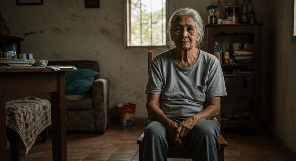 Idosa brasileira de 65 anos sentada em casa simples demonstrando quem tem direito LOAS - BPC para pessoas em vulnerabilidade social