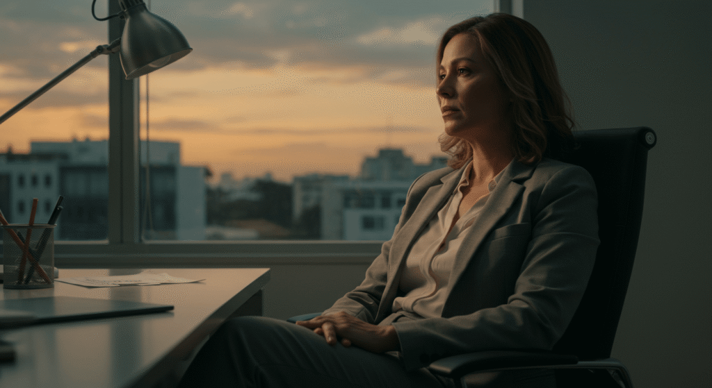 Mulher em ambiente de trabalho, olhando pela janela com expressão serena, simbolizando a superação e a recuperação da paz após denunciar o assédio sexual.