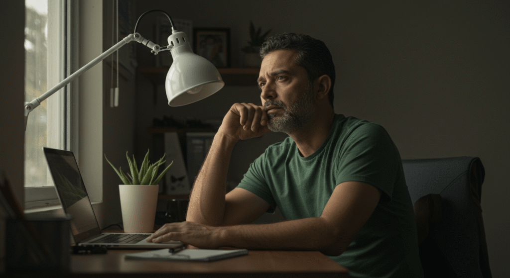 Trabalhador brasileiro em home office reflete sobre a falta de reconhecimento do seu vínculo empregatício e a busca por dignidade.