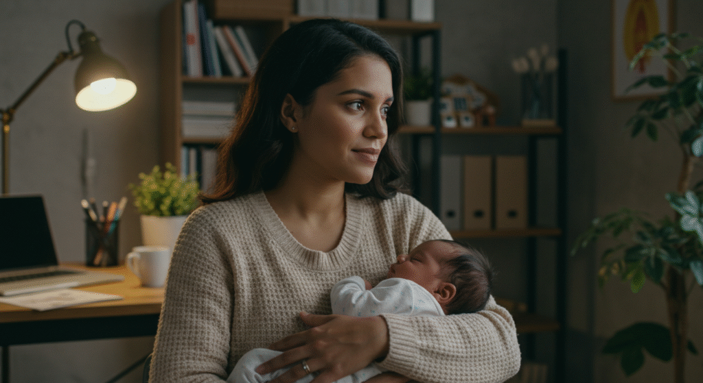 Mãe trabalhadora em um ambiente de home office sereno, segurando seu bebê com tranquilidade, simbolizando a paz de espírito durante a licença maternidade.