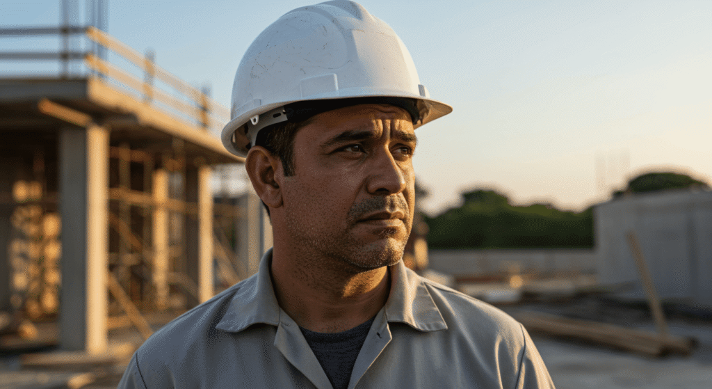 Homem, operário da construção civil com capacete, olhando para o horizonte com expressão de preocupação e incerteza, ilustrando o impacto de um acidente de trabalho e a busca por direitos.