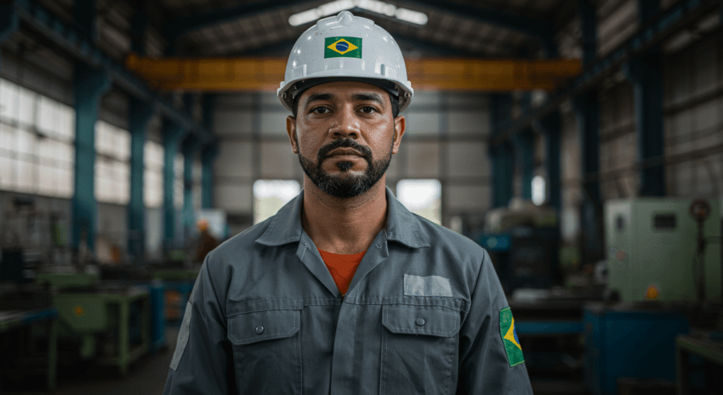 Imagem destacada de um trabalhador brasileiro da indústria, olhando com esperança para a câmera, simbolizando a busca pelo adicional de insalubridade para garantir sua dignidade e segurança.