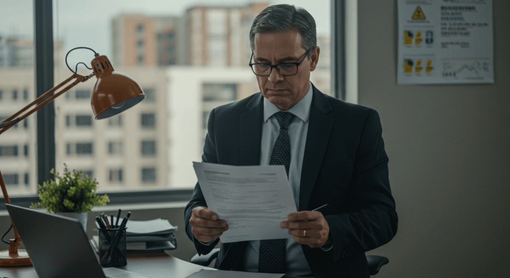 Profissional brasileiro em um escritório moderno em São Paulo, segurando uma carta de demissão sem justa causa com expressão digna, simbolizando a busca por direitos trabalhistas no Brasil.