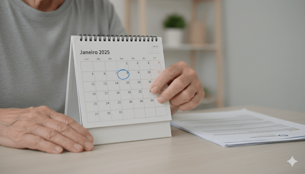 Mãos de pessoa idosa apontando para calendário de Janeiro 2025, simbolizando o planejamento e a importância do novo valor do salário mínimo para beneficiários do INSS.