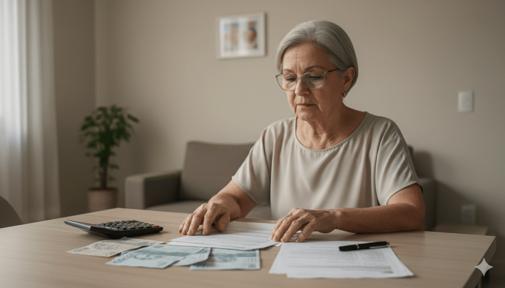 Aposentada analisando contas e papéis do INSS sobre a mesa, com expressão pensativa, refletindo sobre o impacto do salário mínimo atual no reajuste do seu benefício.