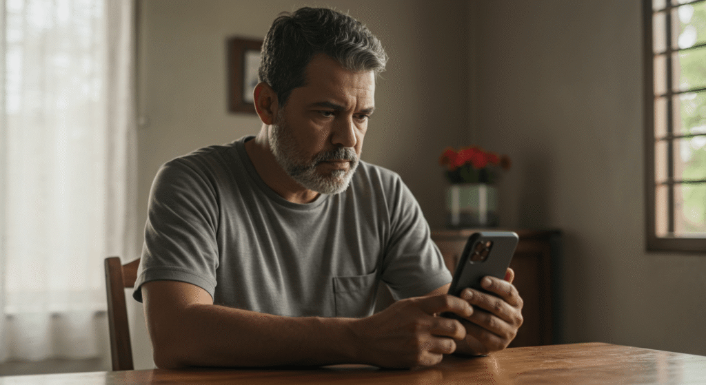 Trabalhador consulta no celular as regras de como sacar o FGTS, com expressão pensativa sobre seus direitos trabalhistas.