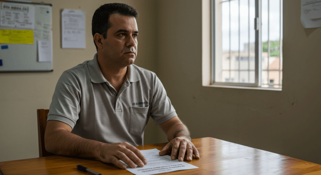 Trabalhador analisa com expressão pensativa um documento de rescisão, ponderando sobre os prós e contras da demissão por acordo e o impacto em sua segurança financeira.