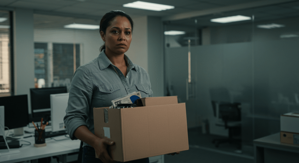 Mulher trabalhadora com expressão determinada segura uma caixa com seus pertences em um escritório, simbolizando a decisão de buscar a rescisão indireta.