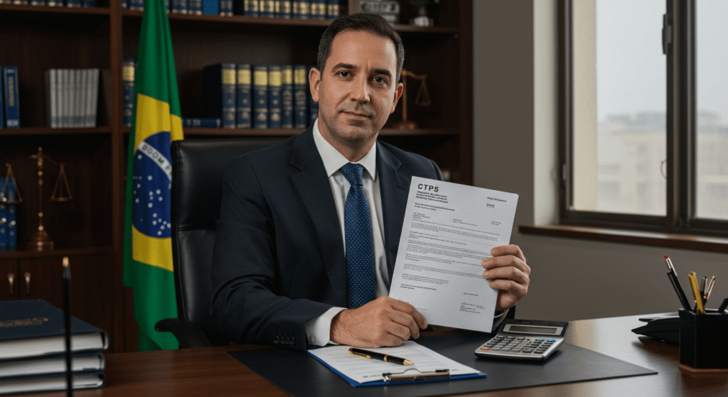 Profissional brasileiro em um escritório moderno em São Paulo, segurando uma carta de demissão sem justa causa com expressão digna, simbolizando a busca por direitos trabalhistas no Brasil.