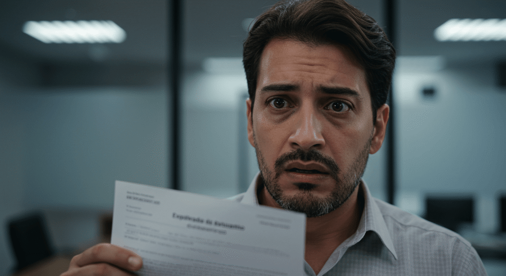 Trabalhador brasileiro com expressão de angústia ao receber a carta de demissão por justa causa, sentindo o peso da injustiça e preocupado com o futuro da sua família.