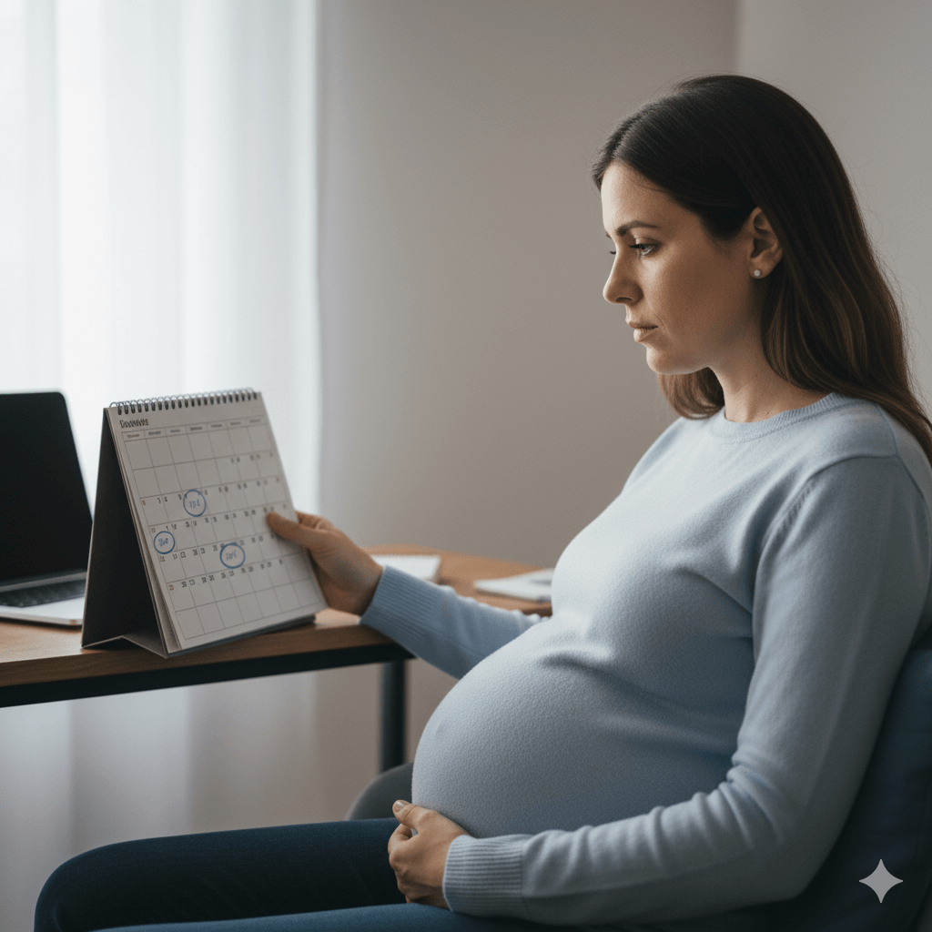 Mulher grávida pensativa analisando contrato de plano de saúde, preocupada com a carência do parto.