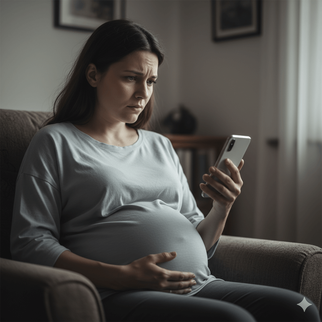 Gestante preocupada olhando o celular após ter o parto negado pelo plano de saúde.