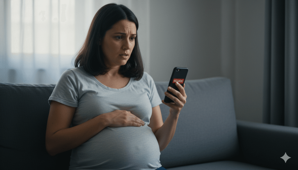 Mulher grávida preocupada olhando para o celular, simbolizando a negativa de carência para parto do plano de saúde.