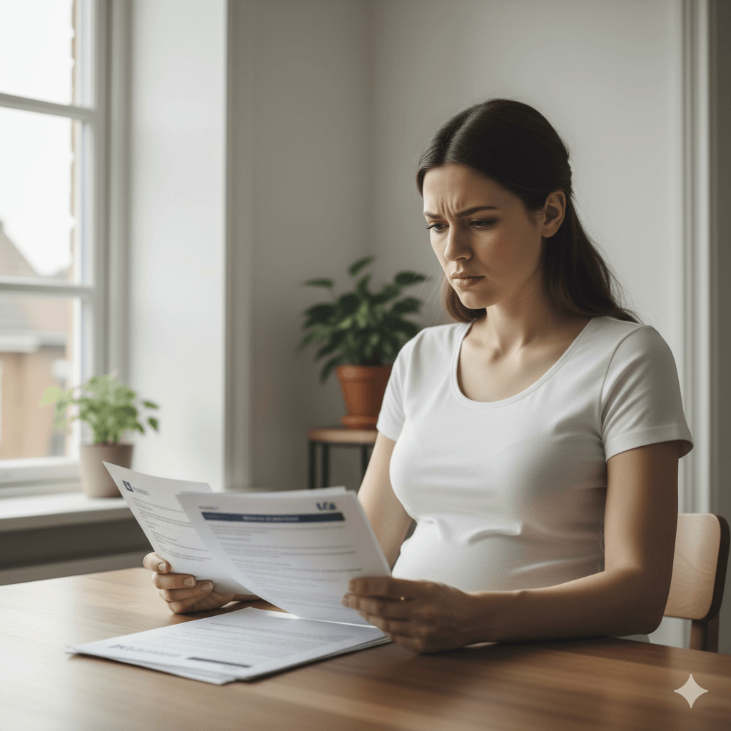 Mulher grávida preocupada lendo contrato de plano de saúde, considerando trocar de plano grávida e a carência.