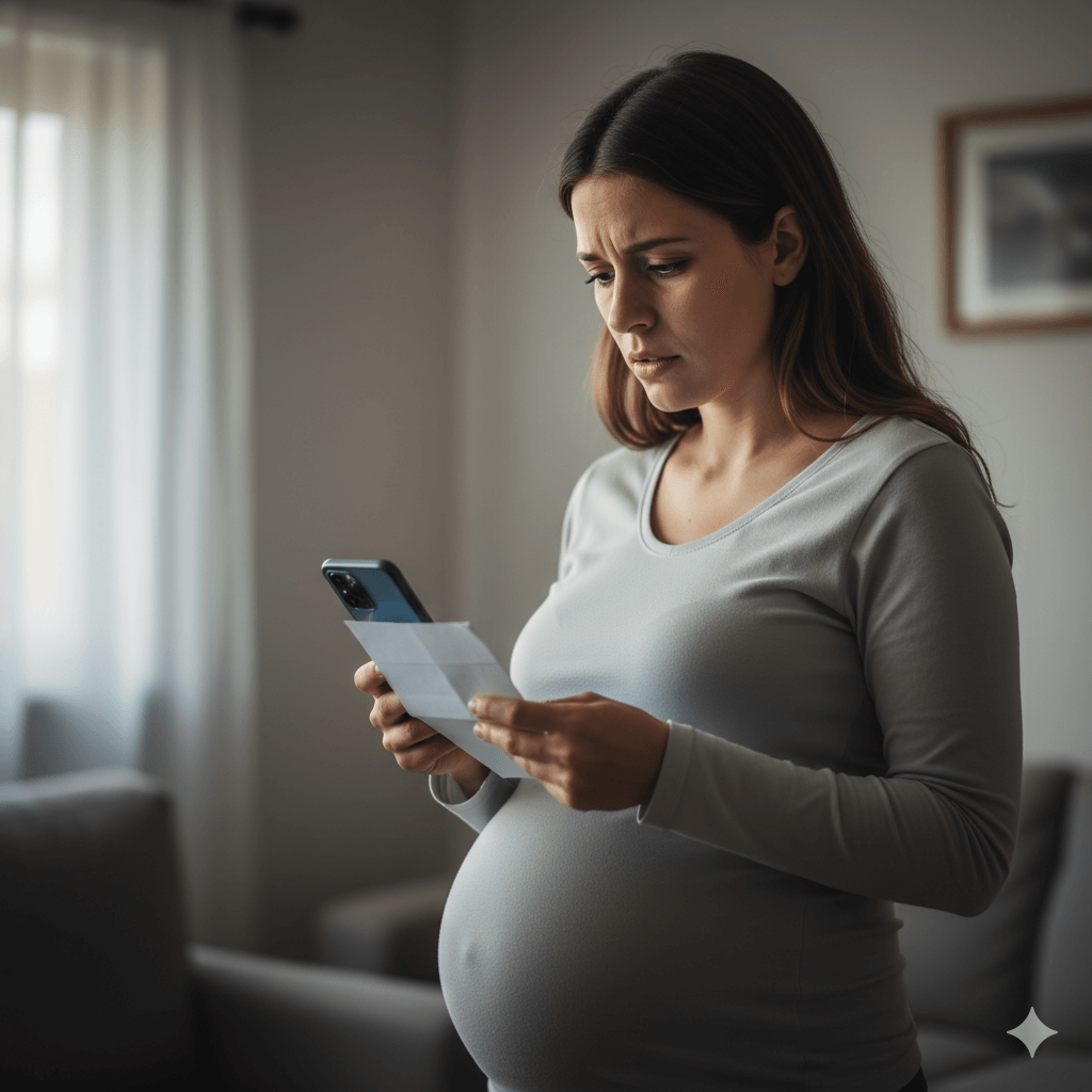 Gestante preocupada olhando celular após negativa de parto por carência de 300 dias.