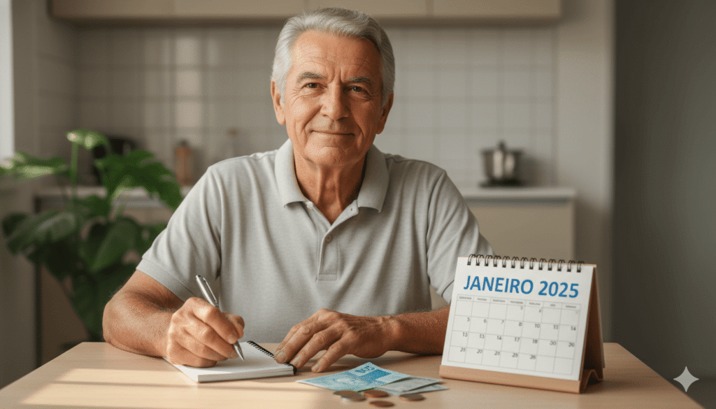 Homem idoso aposentado, sentado à mesa, planejando suas finanças com o novo salário mínimo de 2025, olhando para um calendário com expressão tranquila e segura.