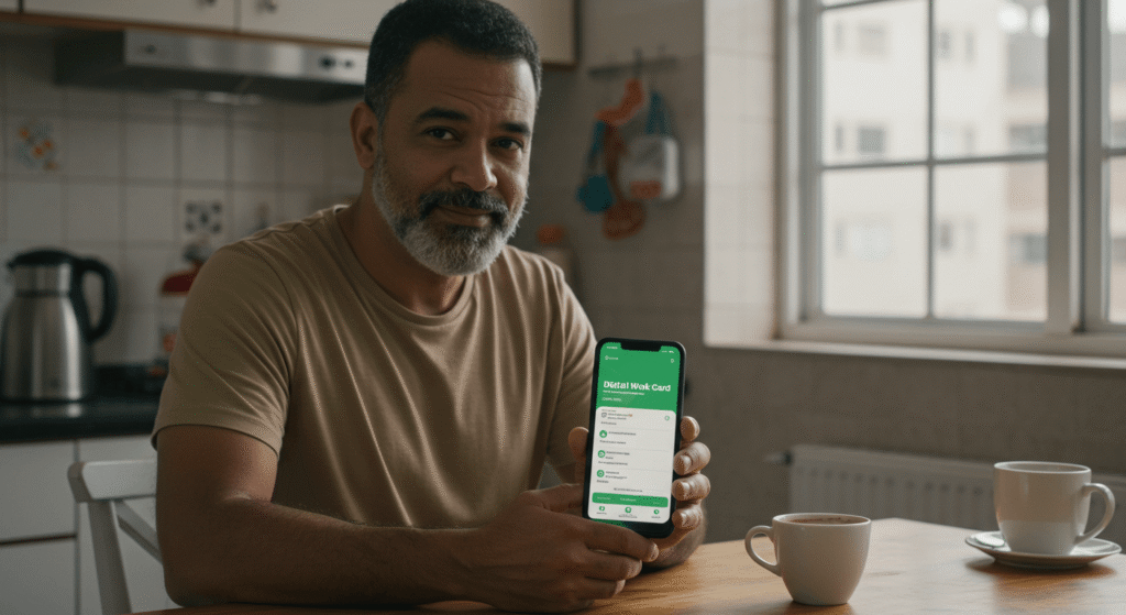 Trabalhador brasileiro consulta no celular se tem direito ao seguro desemprego e fica aliviado ao ver a aprovação no aplicativo Carteira de Trabalho Digital.