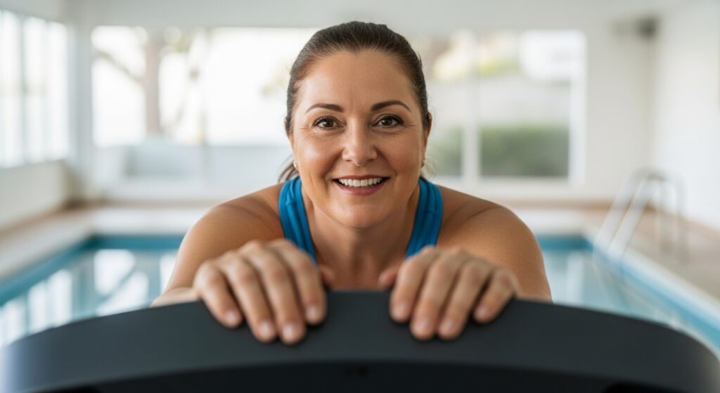 Mulher após cirurgia bariátrica e grande perda de peso, com olhar de determinação, simbolizando a busca pela cirurgia reparadora e a recuperação da dignidade.