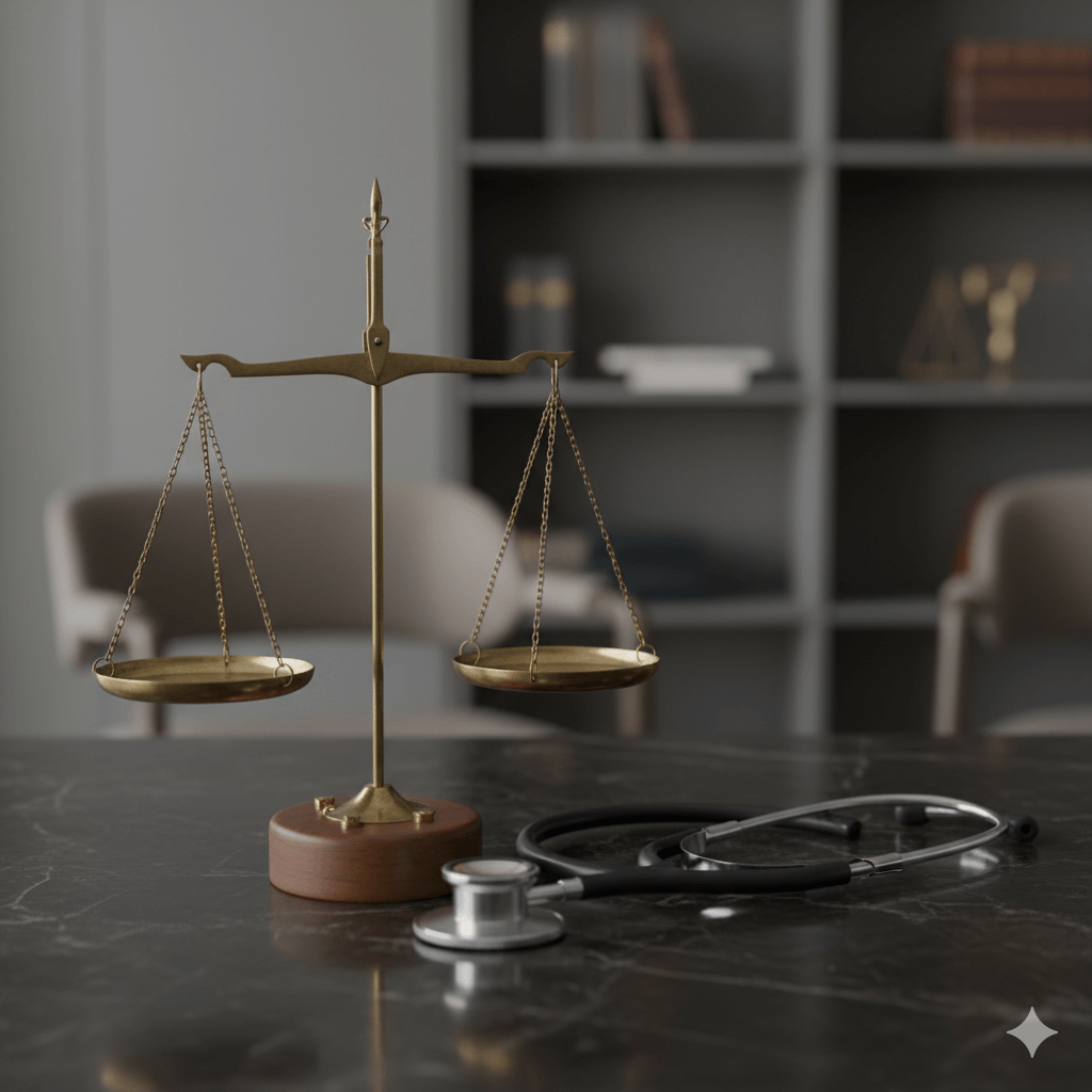 Imagem de uma balança da justiça ao lado de um estetoscópio, simbolizando o direito à saúde e a cobertura de cirurgia plástica reparadora pelo plano de saúde.