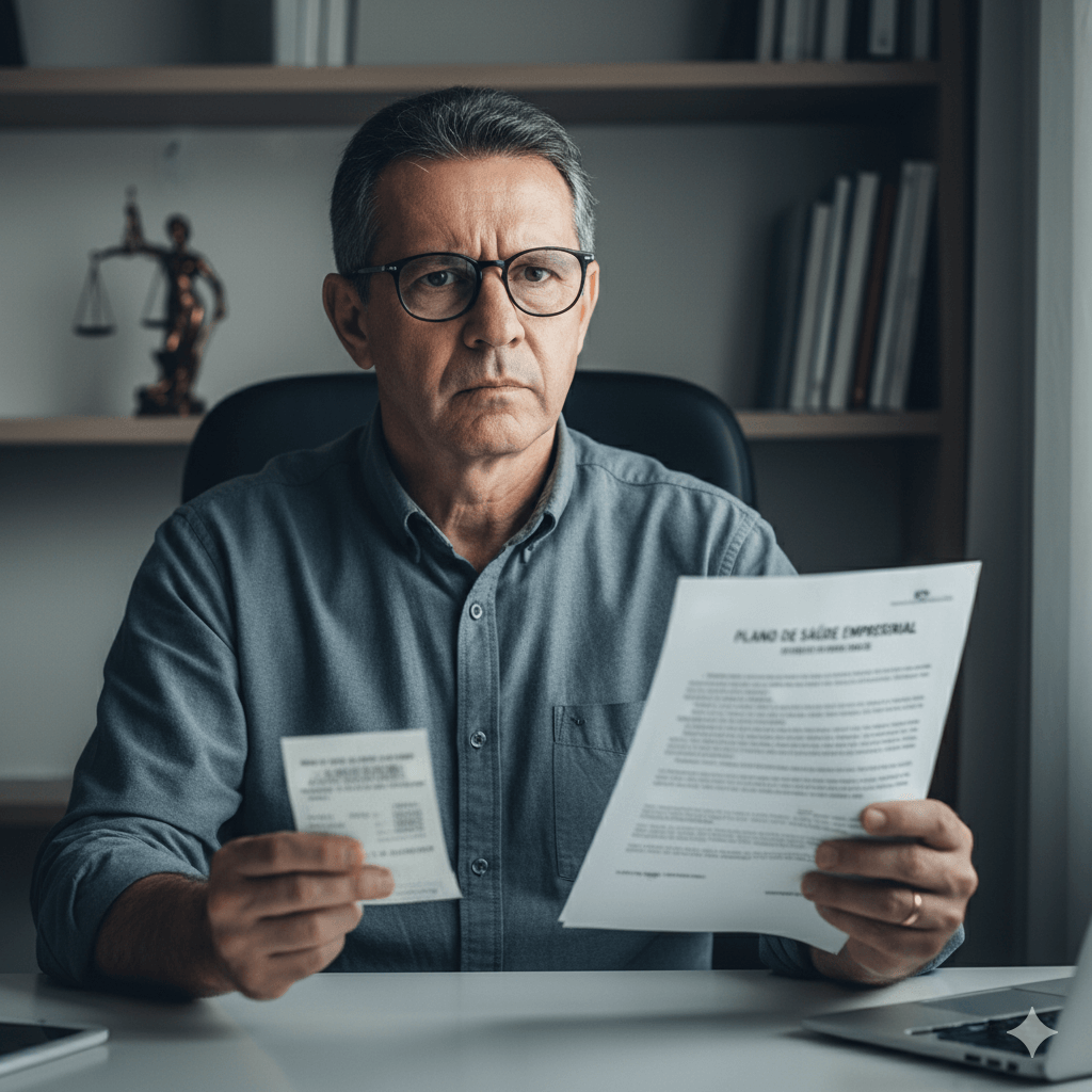 Homem de 58 anos analisa com preocupação o processo de aumento abusivo do seu plano de saúde empresarial (PME).