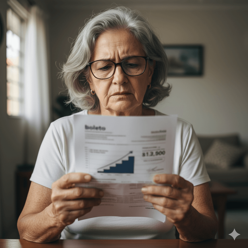 Senhora idosa olha com preocupação para um boleto, representando a devolução do aumento abusivo do plano de saúde.