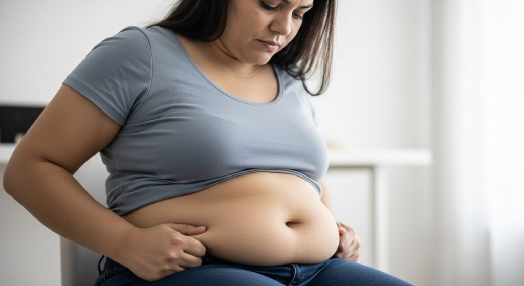 Mulher com abdome em avental, expressão de frustração, simbolizando a luta pela abdominoplastia reparadora pelo plano de saúde após perda de peso.