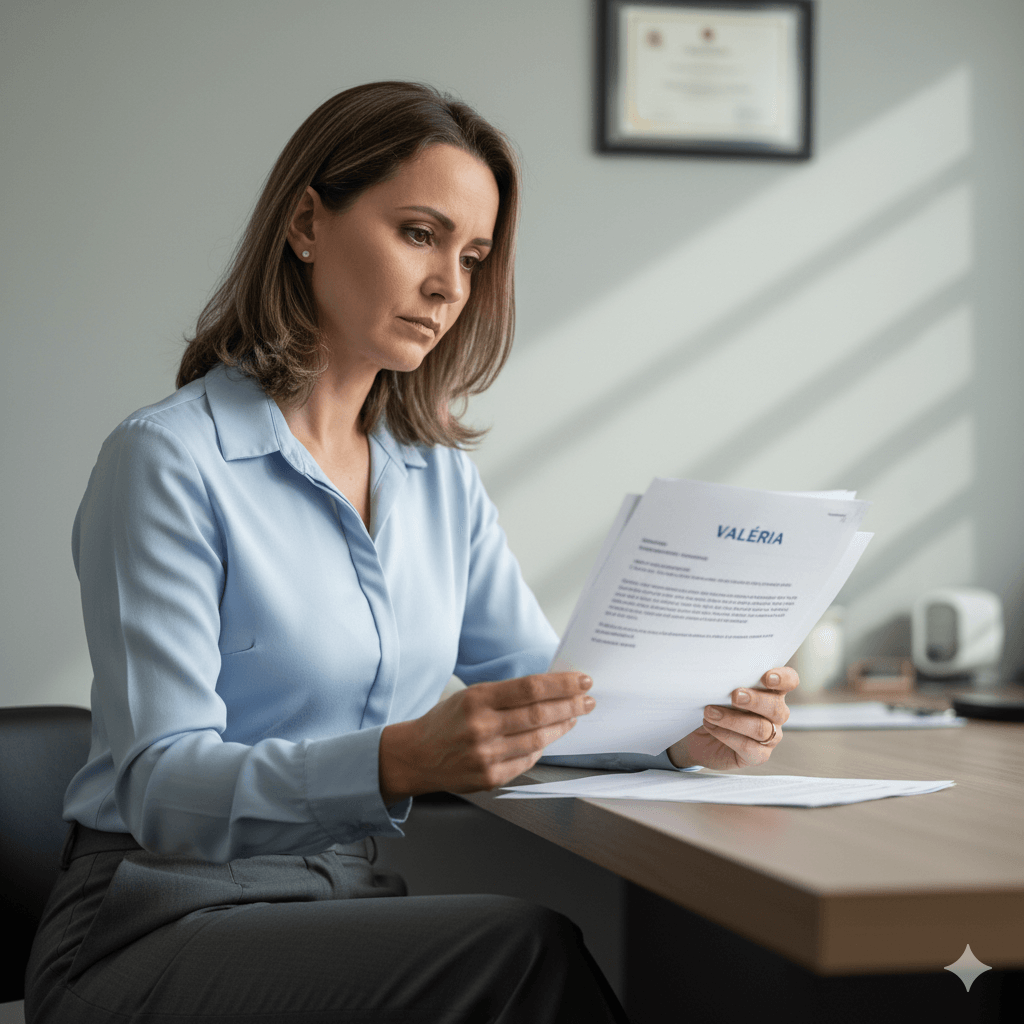 Mulher em consultório médico analisando papéis com expressão séria, representando a negativa do plano de saúde para cirurgia plástica reparadora.