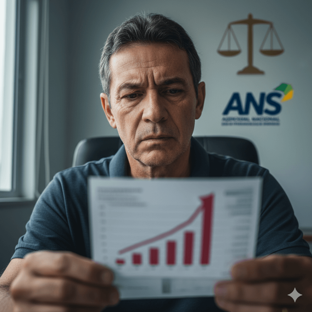 Homem mais velho, com expressão de preocupação, analisa um boleto com gráfico de aumento abusivo; ao fundo, símbolos da ANS e da Justiça.
