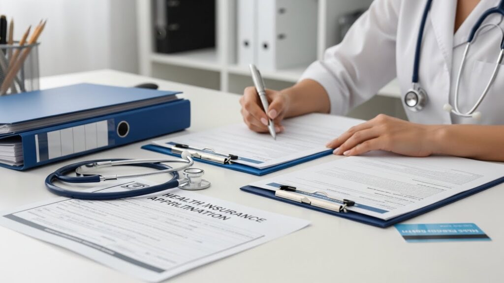 Documentos médicos organizados para solicitação de cirurgia plástica reparadora ao plano de saúde, com formulários, estetoscópio e carteirinha sobre mesa profissional
