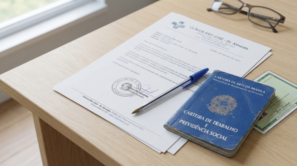 Saque do FGTS por Doença Grave e Hanseníase: guia completo 1 Close-up de laudo médico com carimbo e assinatura ao lado de uma Carteira de Trabalho azul e documento de identidade sobre uma mesa organizada.