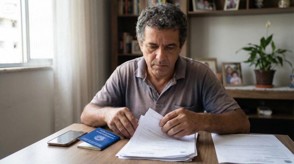 Trabalhador sentado à mesa organizando Carteira de Trabalho e laudos médicos para solicitar saque do FGTS por doença grave.
