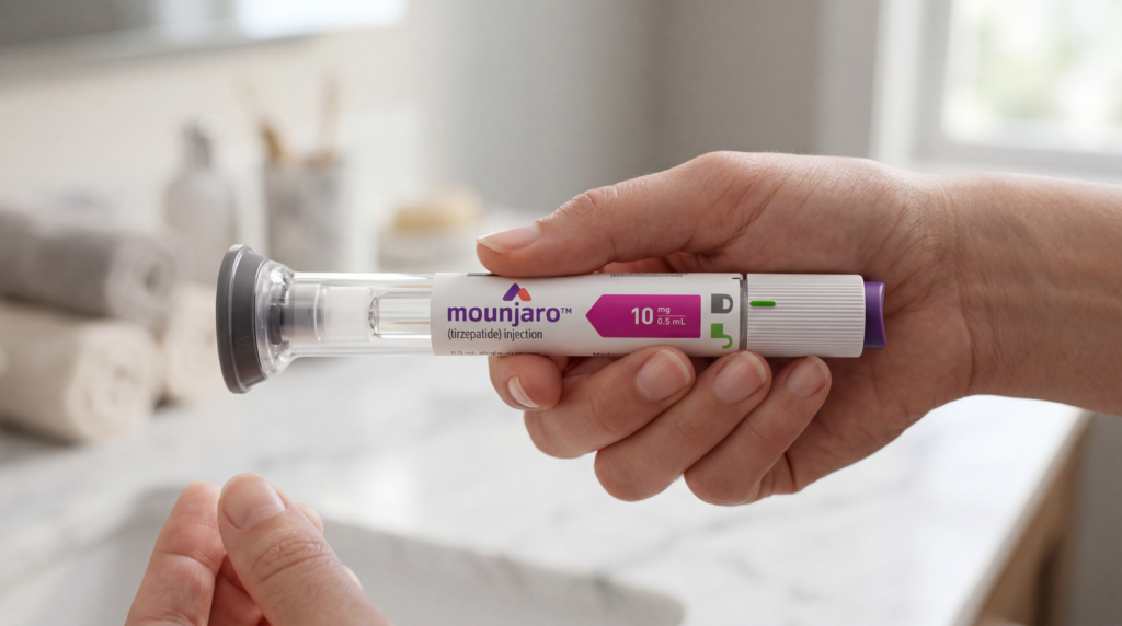 Mounjaro para emagrecer: guia completo, usos e segurança 1 Close-up ultra realista de mãos segurando a caneta aplicadora de Mounjaro com a tampa roxa, demonstrando a facilidade e praticidade do uso em casa para o tratamento.