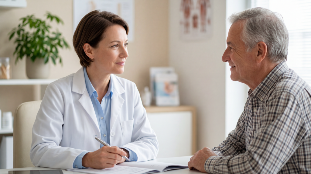 Fotografia realista de um médico empático conversando com um paciente em um consultório moderno e bem iluminado, ilustrando a importância do acompanhamento médico e segurança no tratamento para emagrecer com Mounjaro.