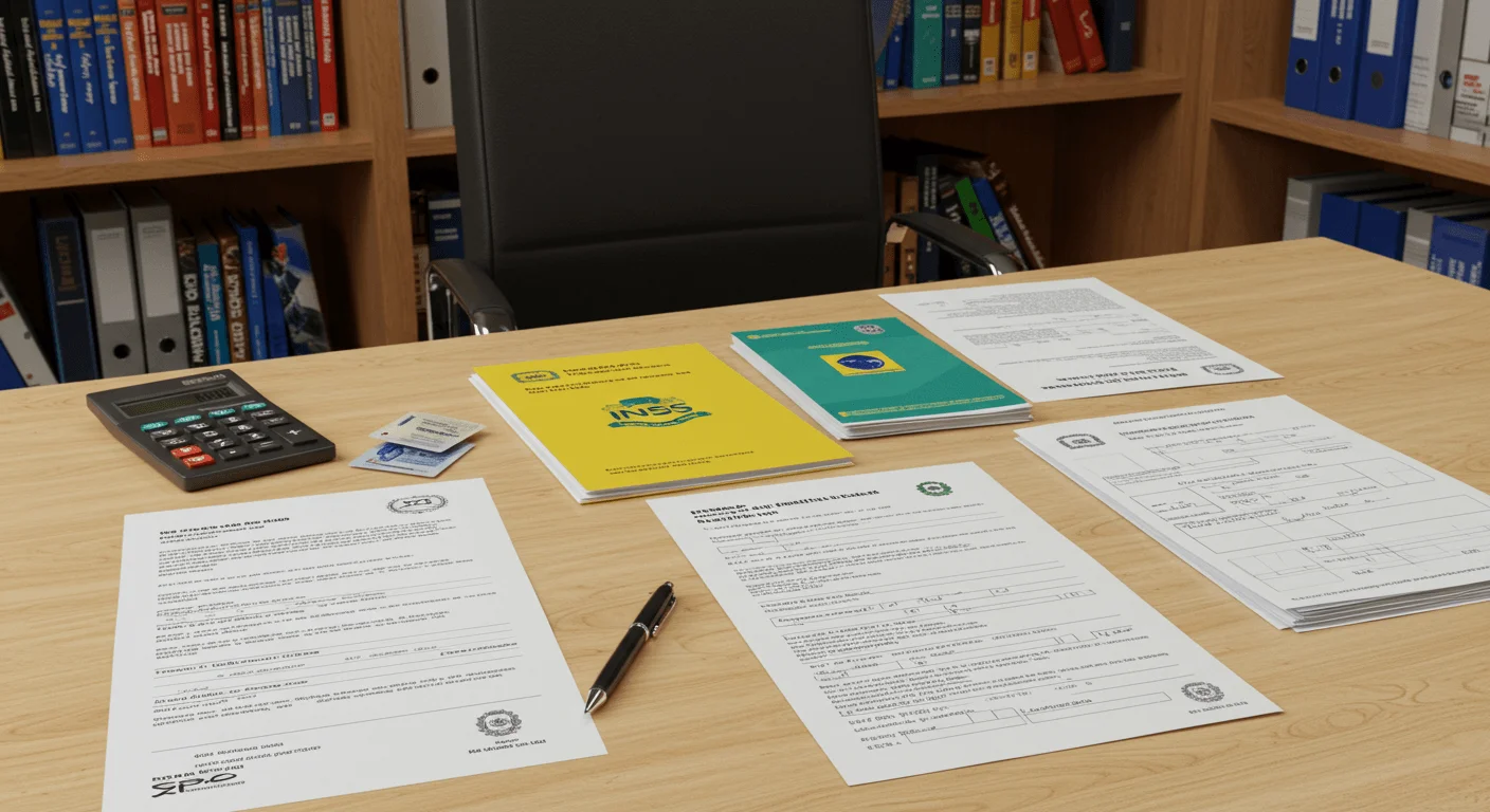 Benefício para Autista: Garanta Dignidade e Segurança Financeira, Mesmo com Autismo Leve e Negativas Injustas do INSS ✨ 1 Documentos organizados do INSS para solicitação de BPC LOAS autismo em mesa de escritório advocatício