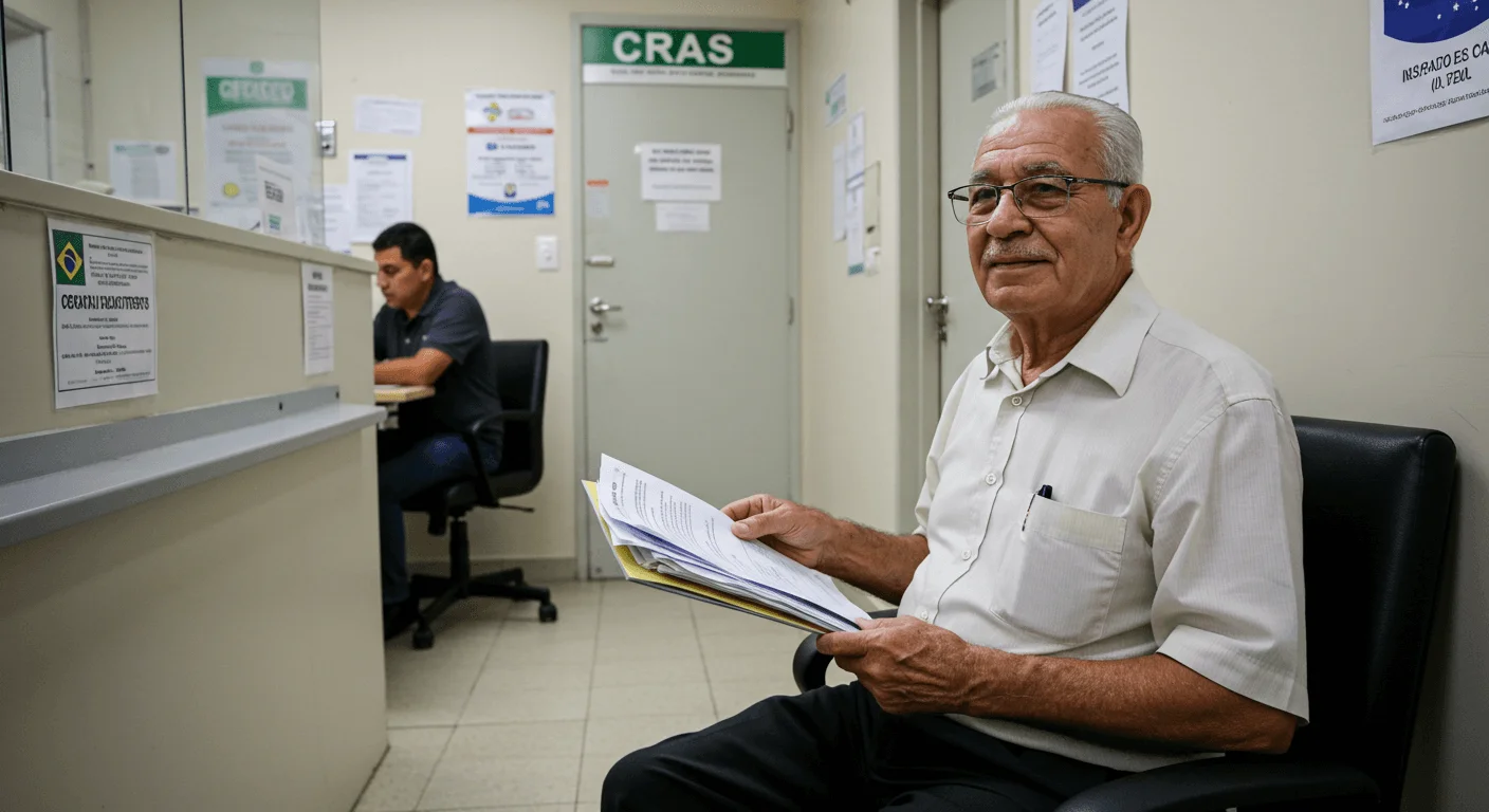 BPC Bloqueado? Não Perca Seu Sustento! Desbloqueie com Nossa Ajuda Especializada – Você Só Nos Paga se Ganhar! 🤝 1 Idoso brasileiro no CRAS atualizando CadÚnico para desbloqueio do BPC com documentos organizados para regularização do benefício