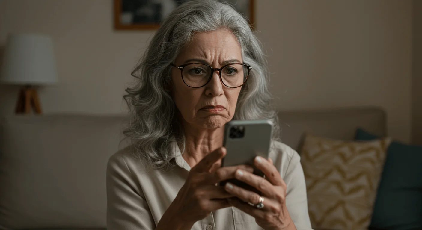 BPC Bloqueado? Não Perca Seu Sustento! Desbloqueie com Nossa Ajuda Especializada – Você Só Nos Paga se Ganhar! 🤝 2 Mulher idosa analisando mensagem suspeita no celular sobre BPC, demonstrando cuidado contra golpes e fraudes digitais do benefício