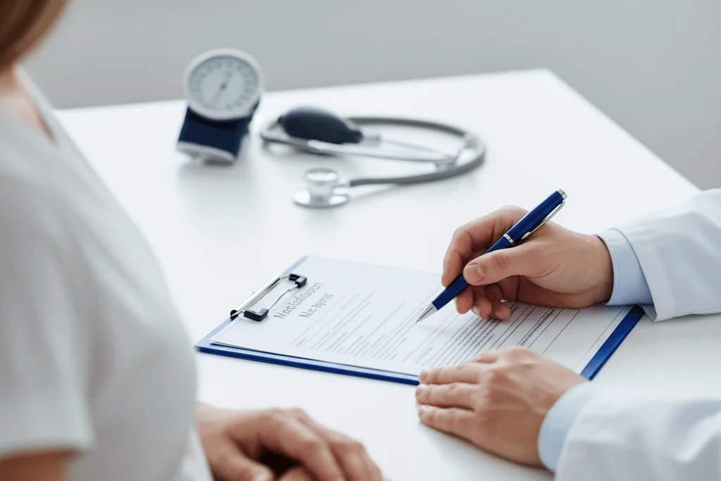 Carência de Parto: 300 Dias ou 24 Horas? Entenda a Regra de Urgência que o Plano Esconde 1 Médico preparando laudo médico detalhado para comprovar urgência de parto e solicitar liminar contra plano de saúde.
