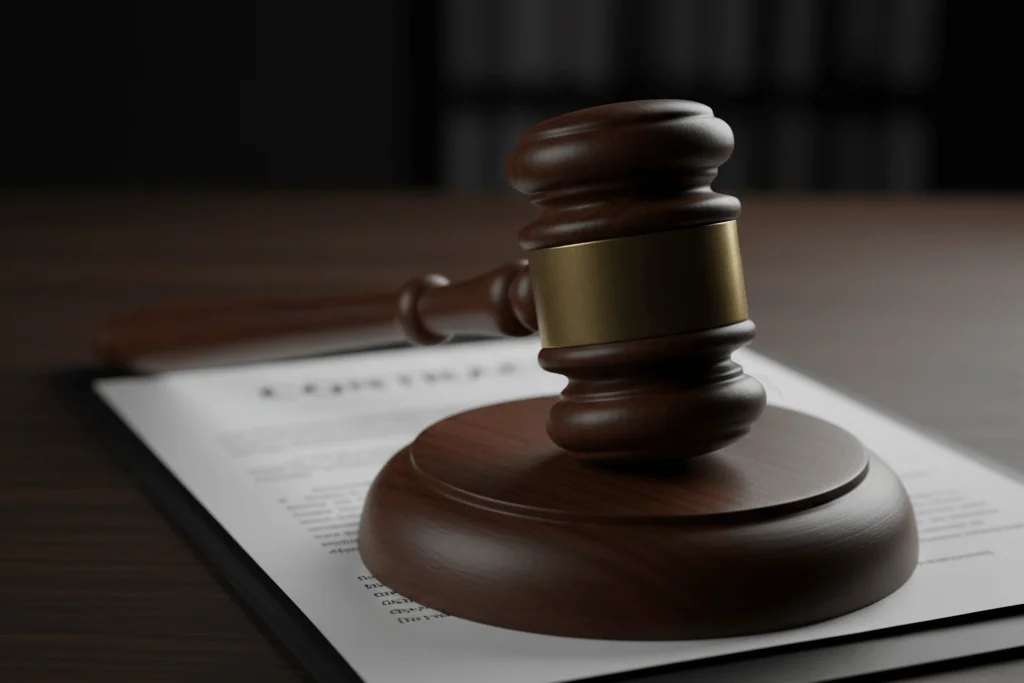 Parto Negado pelo Plano de Saúde? Entenda a Saída Legal Urgente 1 Malhete de juiz sobre documentos, simbolizando a liminar (decisão judicial) que reverte a negativa do plano de saúde.