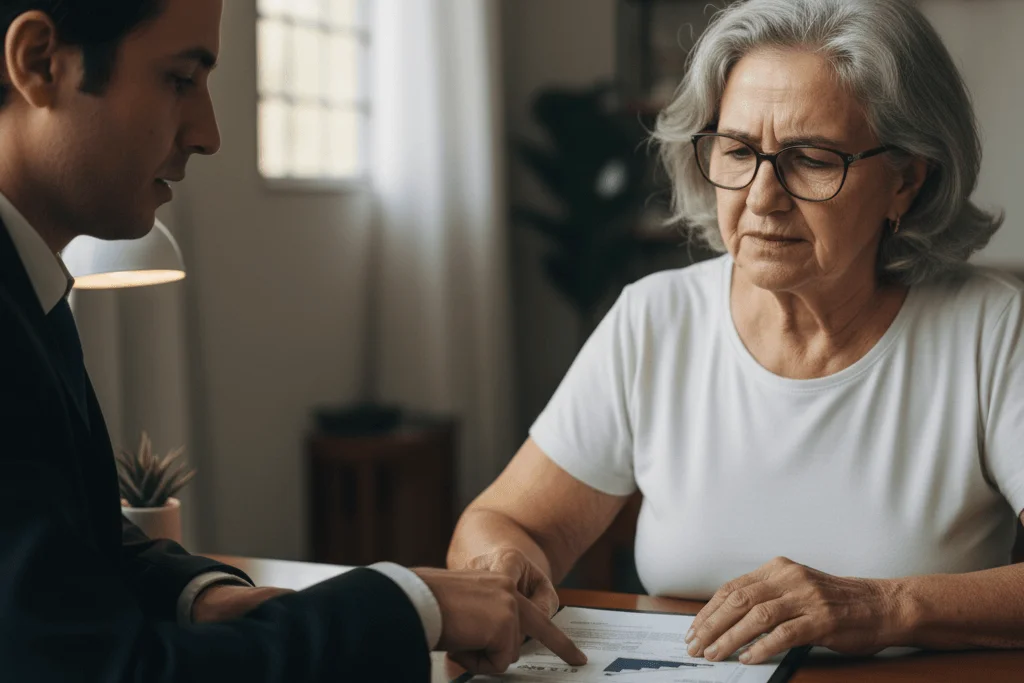 Reajuste Abusivo no Plano de Saúde? Saiba Como Pedir a Devolução dos Valores Pagos a Mais 1 Advogado especialista explica os documentos da ação de devolução de aumento abusivo para cliente idosa, que demonstra alívio.