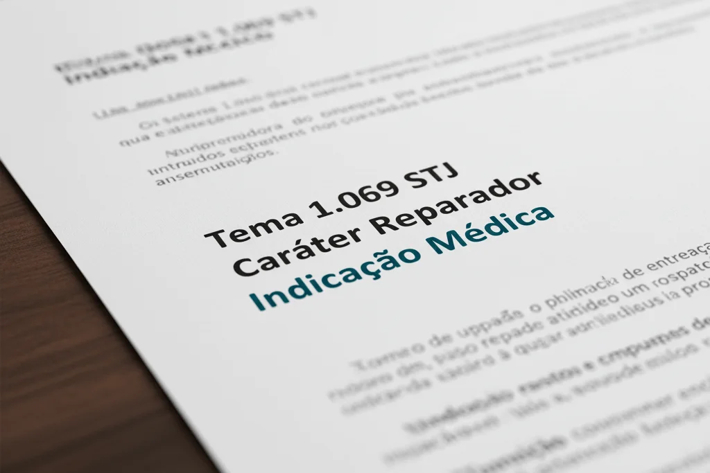 Cirurgia Plástica Reparadora: Entenda Seu Direito à Cobertura pelo Plano de Saúde (Guia 2025) 1 Close-up de um documento legal destacando os termos 'Tema 1.069 STJ' e 'Caráter Reparador', referente à cobertura de cirurgia pós-bariátrica pelo plano de saúde.
