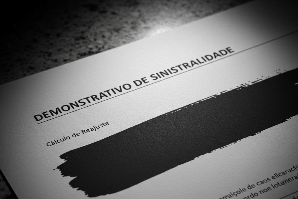 Reajuste Abusivo no Plano PME? Entenda as Etapas da Ação Judicial 1 Imagem de um documento de sinistralidade com os cálculos de reajuste cobertos por uma tarja preta, simbolizando a falta de transparência no aumento abusivo do plano de saúde.