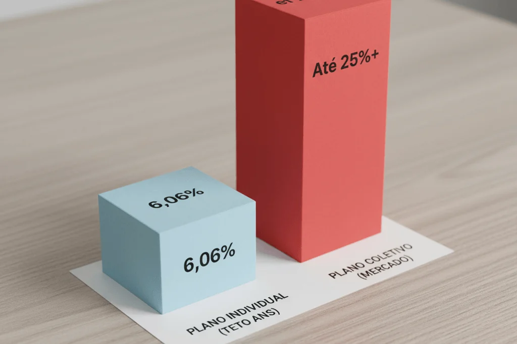 >Reclamação na ANS por Aumento Abusivo: O Que Funciona (e o Que Não) 1 Gráfico de barras 3D realista comparando o reajuste de plano de saúde: Teto ANS (6,06%) versus Plano Coletivo (Até 25%+), mostrando uma grande disparidade.