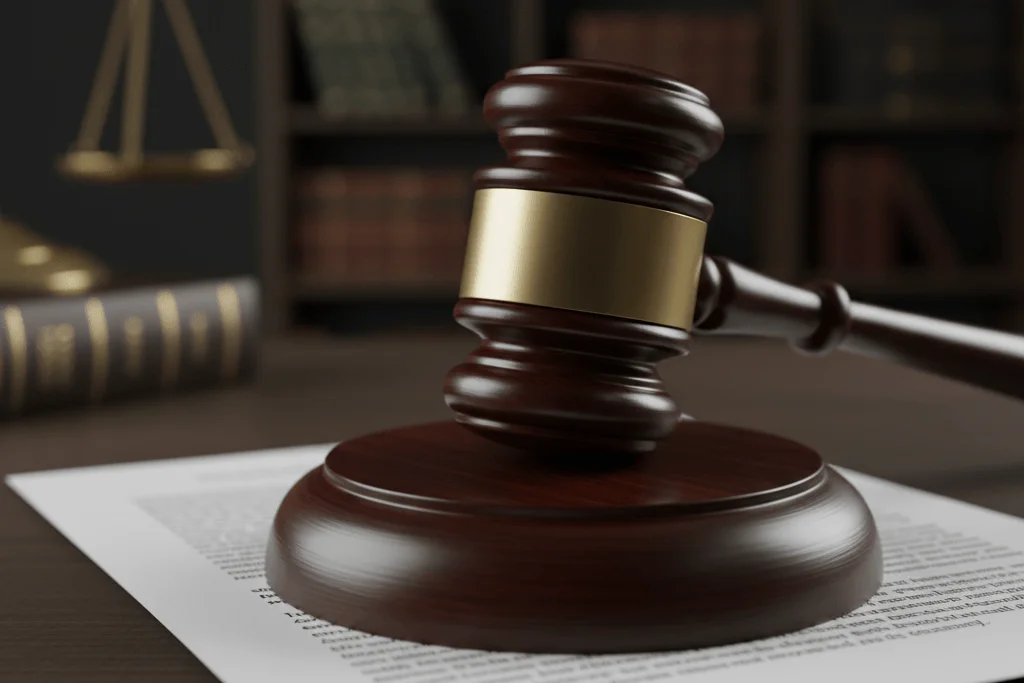 Cirurgia Plástica pelo Convênio: Quando é um Direito (e Não Estética)? ⚖️ 2 Imagem de um martelo da justiça sobre documentos legais, representando as decisões judiciais e Súmulas que garantem a cobertura de cirurgia reparadora pelo plano de saúde.