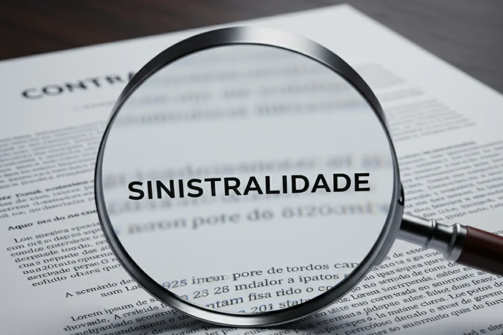 Reajuste Abusivo de Plano de Saúde: Como Reverter Aumentos em 2025 (PME & MEI) 1 Lupa analisando a palavra 'Sinistralidade' em um contrato, ilustrando a falta de transparência no reajuste abusivo de plano de saúde.
